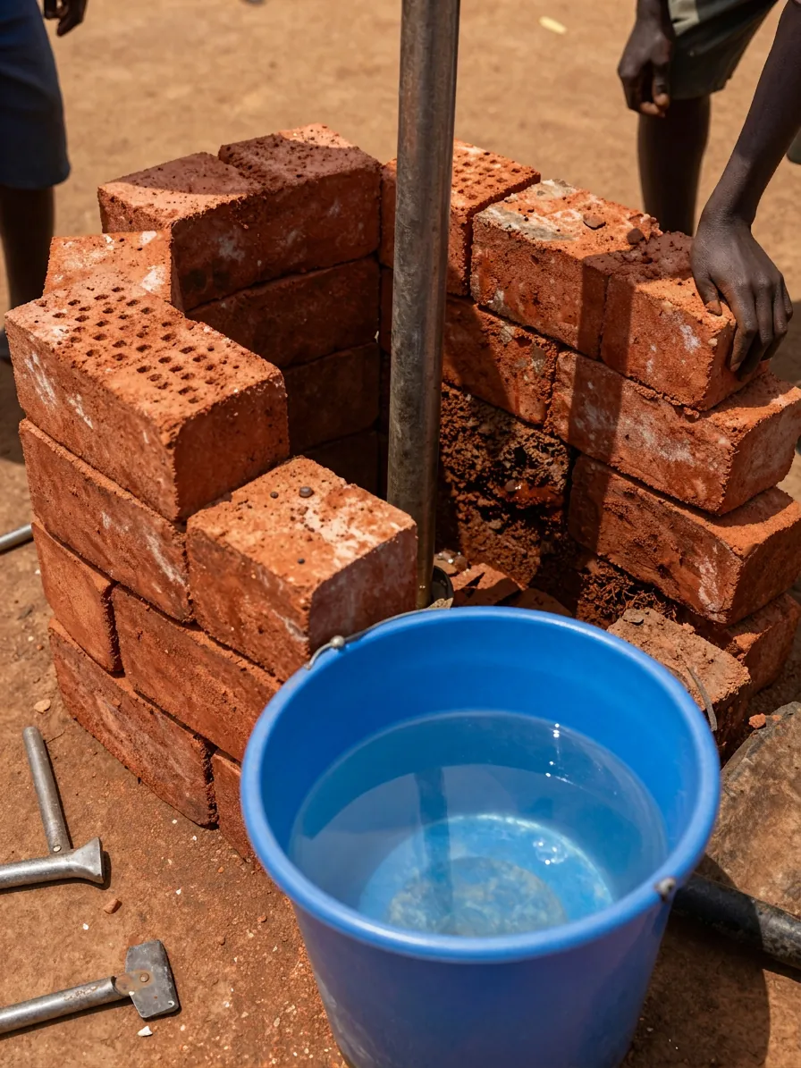 Workers building a well with bricks and a bucket of clean water