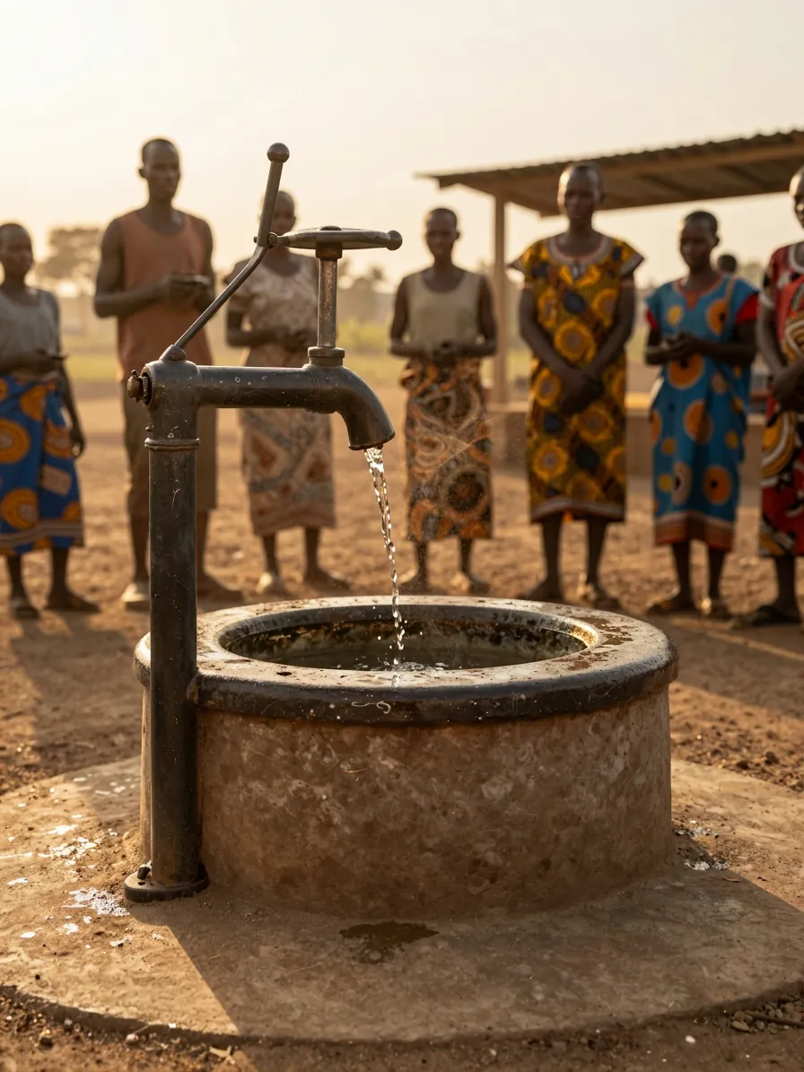 A clean-water well with villagers gathered around it, supported through Marion Medical Mission